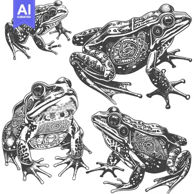Aset premium populer: Four Detailed Black and White Drawings of Frogs