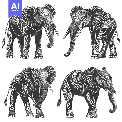 Premium design asset: Four Detailed Black and White Elephants with Tribal Patterns