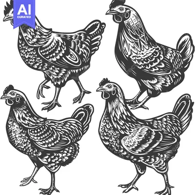 Aset premium populer: Four Detailed Black and White Illustrations of Chickens