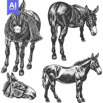 Aset premium populer: Four Detailed Black and White Illustrations of Donkeys