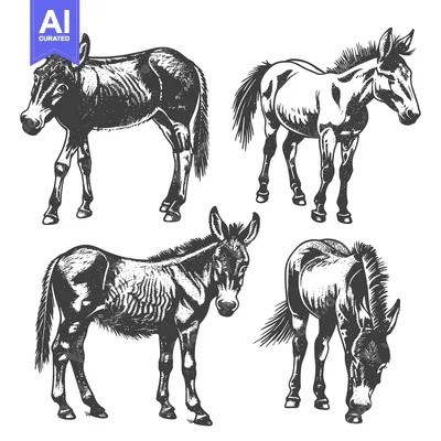 Aset premium populer: Four Detailed Black and White Illustrations of Donkeys