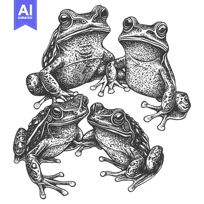 Aset premium populer: Four Detailed Black and White Illustrations of Frogs