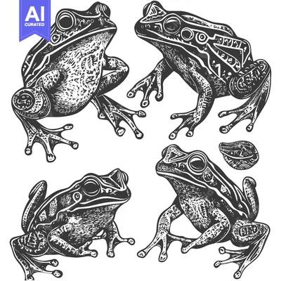 Aset desain premium: Four Detailed Black and White Illustrations of Frogs