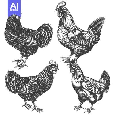 Popular premium asset: Four Detailed Black and White Illustrations of Roosters and Hens