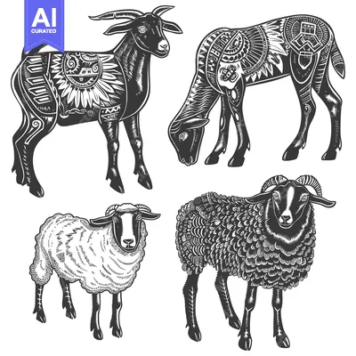 Aset premium populer: Four Detailed Black and White Illustrations of Sheep and Goats