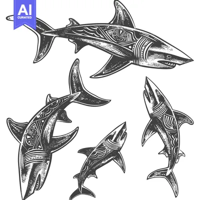 Aset desain premium: Four Detailed Black and White Shark Illustrations