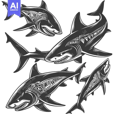 Premium design asset: Four Detailed Black and White Sharks with Ornamental Patterns