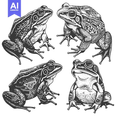 Premium design asset: Four Detailed Drawings of Frogs with Ornamental Designs