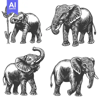 Aset premium populer: Four Detailed Engravings of Elephants in Various Poses