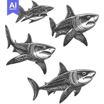 Aset premium populer: Four Detailed Engravings of Sharks with Open Mouths