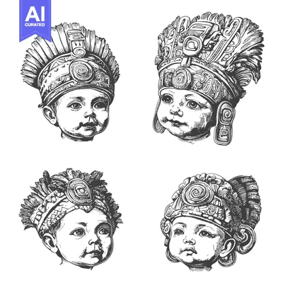 Aset premium populer: Four Detailed Illustrations of Babies Wearing Ornate Headdresses