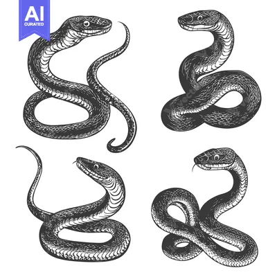 Aset desain premium: Four Detailed Ink Drawings of Snakes in Various Poses