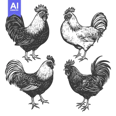 Aset premium populer: Four Detailed Rooster Illustrations in Black and White