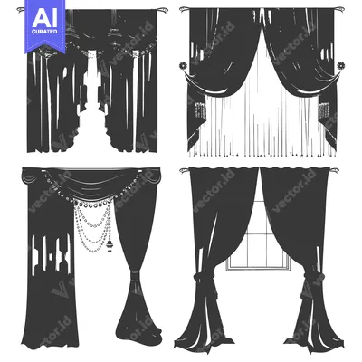 Aset premium populer: Four Different Styles of Window Curtains Drawn in Black Silhouettes
