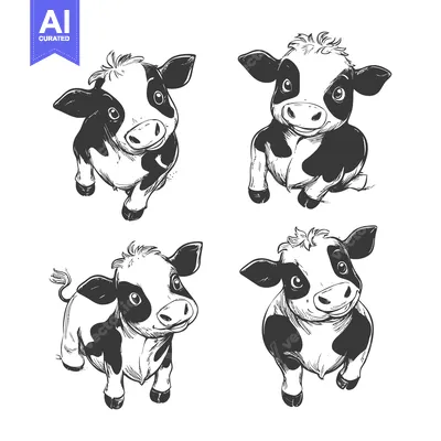 Aset premium populer: Four Hand-Drawn Black and White Cows in Various Poses