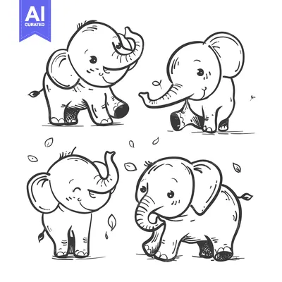 Aset desain premium: Four Hand-Drawn Cartoon Elephants with Smiling Faces and Small Tails