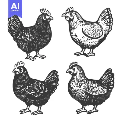 Aset premium populer: Four Hand-Drawn Chickens in Black and White