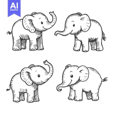 Aset premium populer: Four Hand-Drawn Elephants with Smiling Faces and Upraised Trunks