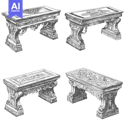 Aset premium populer: Four Hand-Drawn Ornate Stone Benches with Intricate Details
