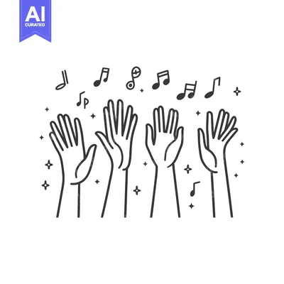 Aset desain premium: Four Hands Raised in Celebration with Music Notes