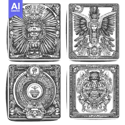 Aset desain premium: Four Intricate Black and White Illustrations of Ancient Mesoamerican F