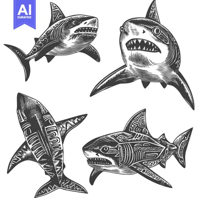 Aset desain premium: Four Intricate Black and White Shark Drawings