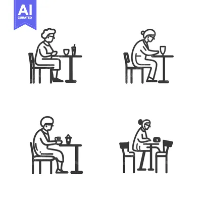 Aset premium populer: Four Line Drawings of Elderly People Sitting at Tables
