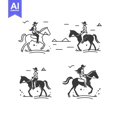 Aset premium populer: Four Line Drawings of Women Riding Horses
