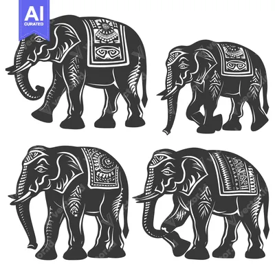 Aset premium populer: Four Ornamental Black and White Elephant Silhouettes