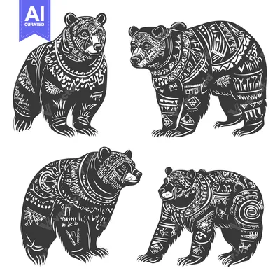 Aset desain premium: Four Ornamental Black Bear Silhouettes