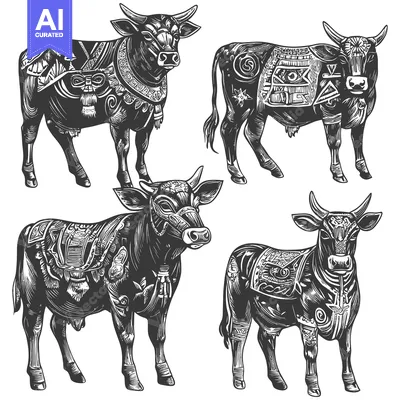 Aset desain premium: Four Ornamental Cows in Black and White