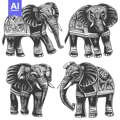 Four Ornate Black and White Elephants