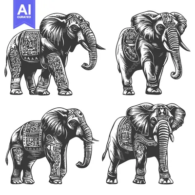 Aset desain premium: Four Ornate Black and White Elephants in Various Poses