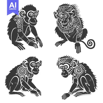 Aset desain premium: Four Ornate Black and White Monkeys in Sitting Poses