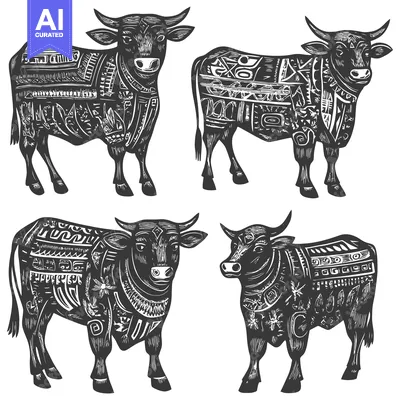 Premium design asset: Four Ornate Black Bulls with Detailed Patterns