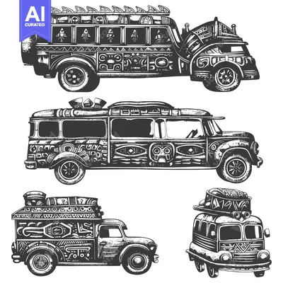 Aset premium populer: Four Ornate Vintage Buses With Tribal Designs