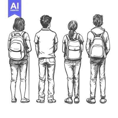 Premium design asset: Four People Standing Back to Back with Backpacks