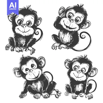 Popular premium asset: Four Playful Cartoon Monkeys in Black and White