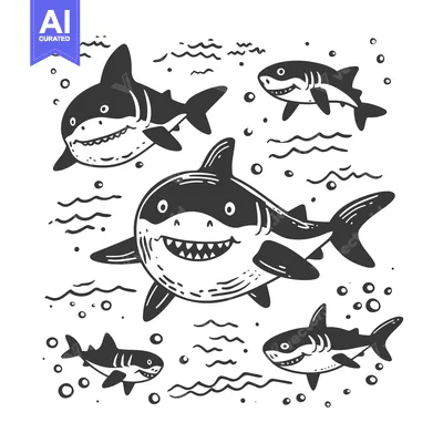 Premium design asset: Four Sharks Swimming Underwater with Bubbles and Waves