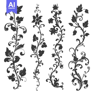 Aset premium populer: Four Silhouette Floral Designs with Swirls and Leaves