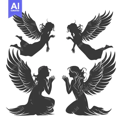 Aset desain premium: Four Silhouettes of Angels with Wings