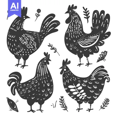 Aset premium populer: Four Silhouettes of Stylized Roosters with Floral Elements
