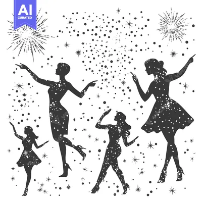 Aset desain premium: Four Silhouettes of Women with Sparkles and Fireworks