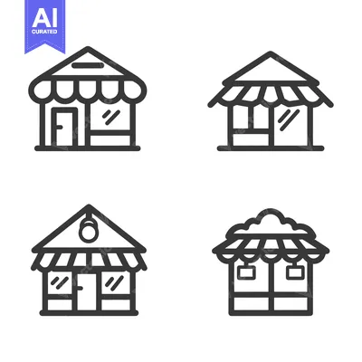 Aset desain premium: Four Simple Line Drawings of Storefront Buildings