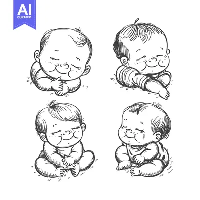Download Four Sketches of Adorable Smiling Babies in Different Poses Vector Graphic