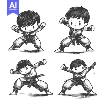 Download Four Sketchy Drawings of Young Boys in Karate Stances Vector Graphic