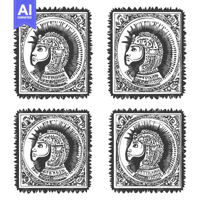Premium design asset: Four Stamp-Like Images of a Profile of a Person in a Helmet with Ornam