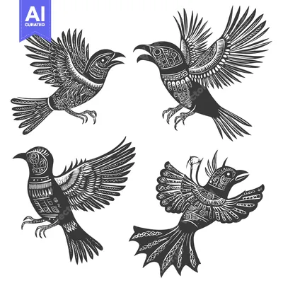 Download Four Stylized Birds with Intricate Geometric Patterns Vector Graphic