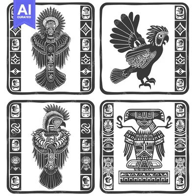 Aset premium populer: Four Stylized Black and White Animal Figures with Geometric Borders