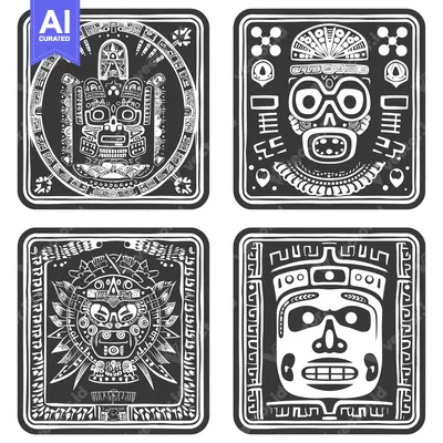 Aset premium populer: Four stylized black and white Aztec masks